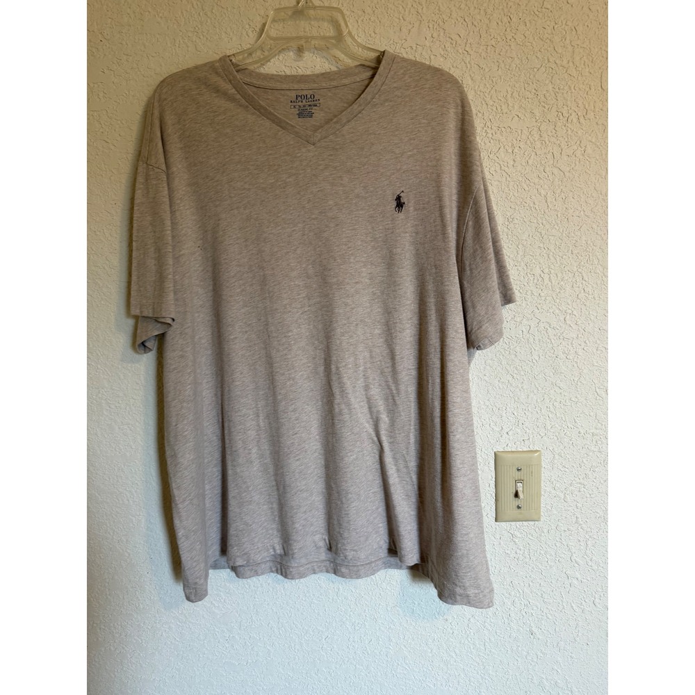 Polo Ralph Lauren Mens XL Classic Fit V-Neck T-Shirt Heather Tan Beige Cotton
